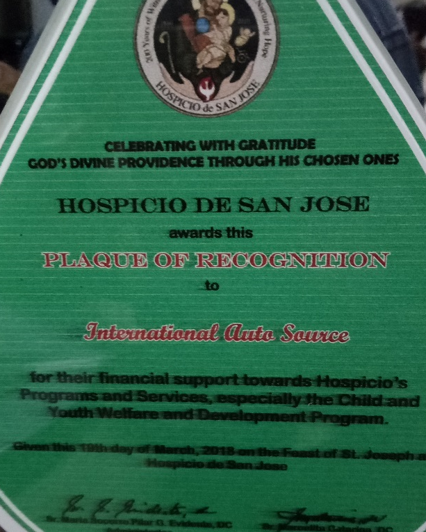 Hospicio De San Jose Offers IAS Recognition Plaque 